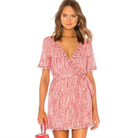 Tularosa Bright Red Rocky Tweed Fringe Grommet Trim Mini Wrap Dress Size XS - Picture 1 of 8